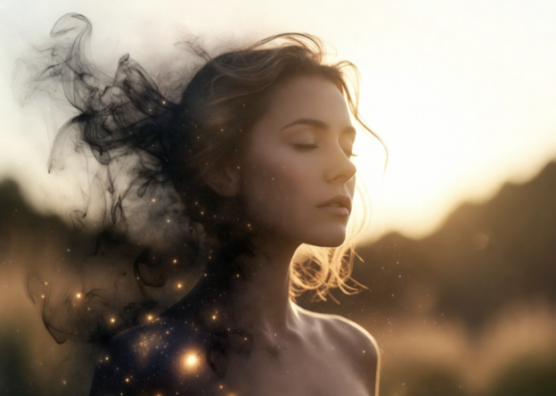 Portrait of a woman with wisps of smoke around her hair at sunset, conveying a dreamy atmosphere.