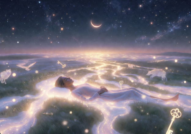 Woman resting on a glowing river of light winding through a grassy field under a crescent moon and starry night sky.