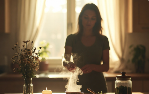 Woman standing at a sunlit kitchen counter, steam curling from a bowl as she prepares food.