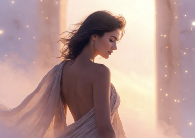 Backless gown silhouette of a woman in soft peach light, flowing fabric billowing behind her in a dreamy archway at dusk.