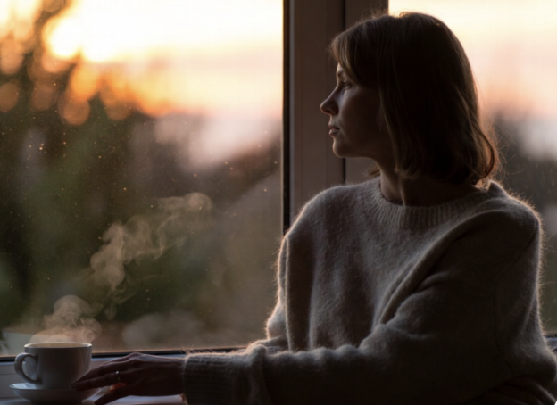 A woman sits by a window at sunset, gazing outward with a steaming cup on the sill beside her.