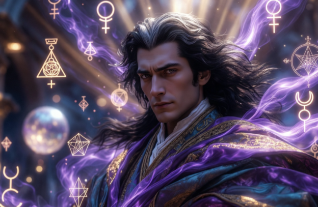 Portrait of a male fantasy sorcerer with long dark hair in ornate robes, surrounded by glowing mystical symbols and purple energy.