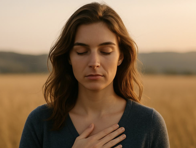 Woman with eyes closed, hand on chest, standing in a sunlit field at sunset, conveying calm or mindfulness.