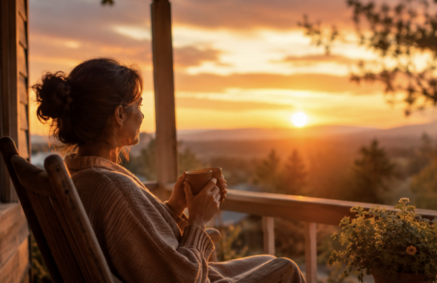 Woman with a bun in a cozy sweater sits on a wooden porch at sunset, holding a mug and watching the orange sky.