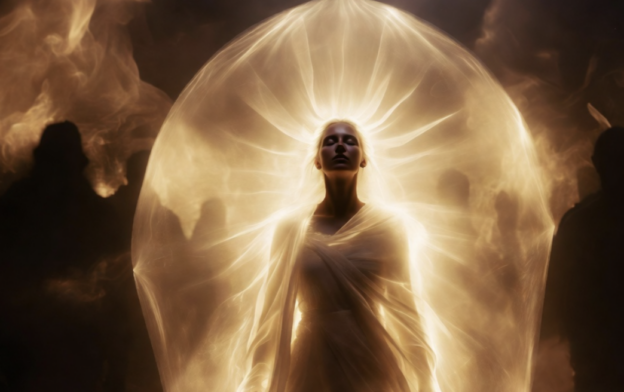 A person stands with eyes closed, surrounded by a brilliant golden aura forming a circular energy shield around them.