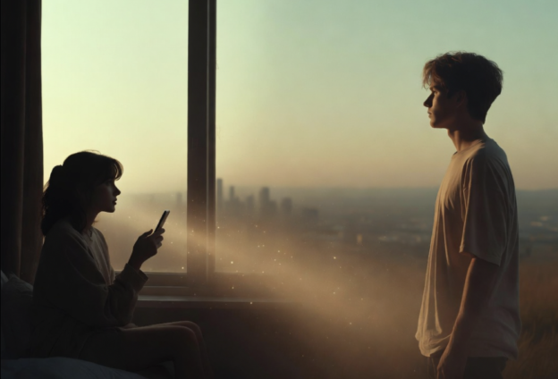 Woman sitting by a window at sunset, looking at her phone while a man stands opposite, gazing forward as warm light fills the room.