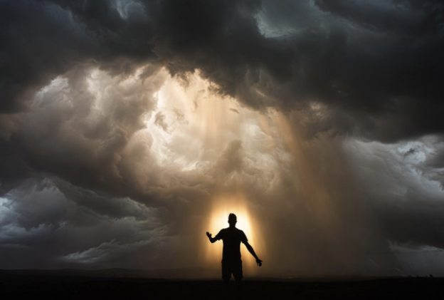 Silhouette of a person on a flat plain, arms raised as golden light streams through dark storm clouds behind.