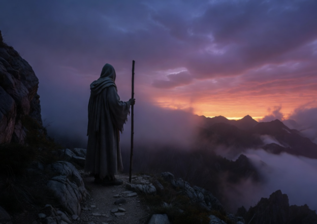 Hooded figure in a cloak with a staff stands on a rocky mountain path at sunset above misty valleys.
