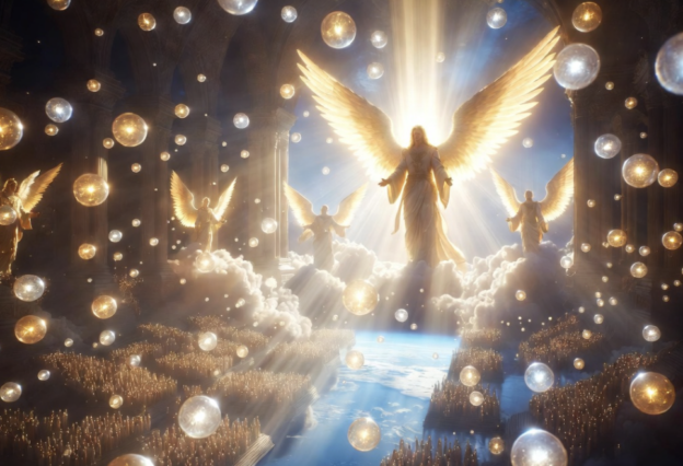 Glowing angels with large golden wings descend through clouds toward a bright blue sky and floating orbs.