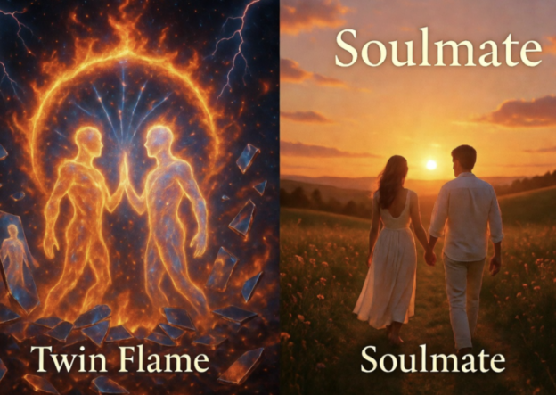 Split image: left panel shows glowing orange twin flame silhouettes with debris around them; right panel shows a couple walking hand in hand at sunset with 'Soulmate' text.