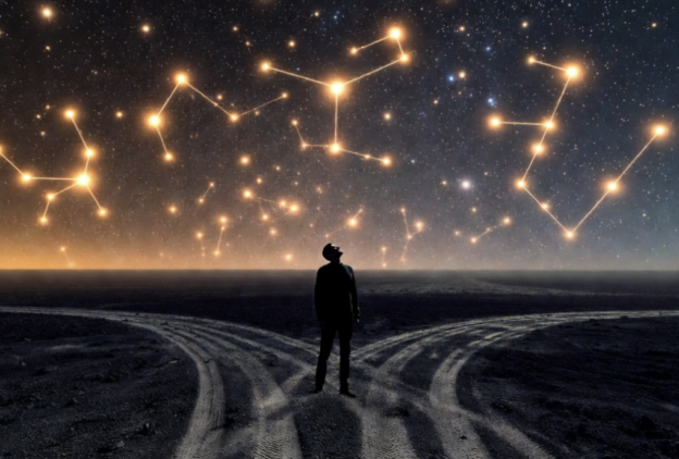 A silhouetted person stands in a dark barren landscape, looking up at glowing constellation lines across a starry night sky.