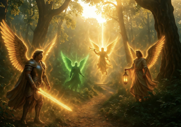 Armored warrior with a glowing sword walks a forest path as four glowing winged angels guide the way, sunlight streaming through trees.