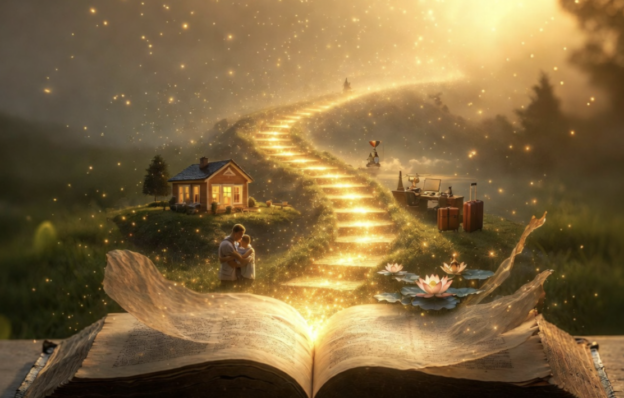 Open book releases a glowing golden staircase into a dreamy landscape with a cottage, couple embracing, and luggage nearby.