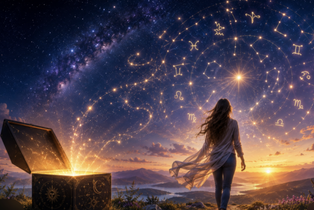 A woman walks toward a glowing celestial wheel of zodiac symbols emerging from a treasure chest open on a hill at sunset.