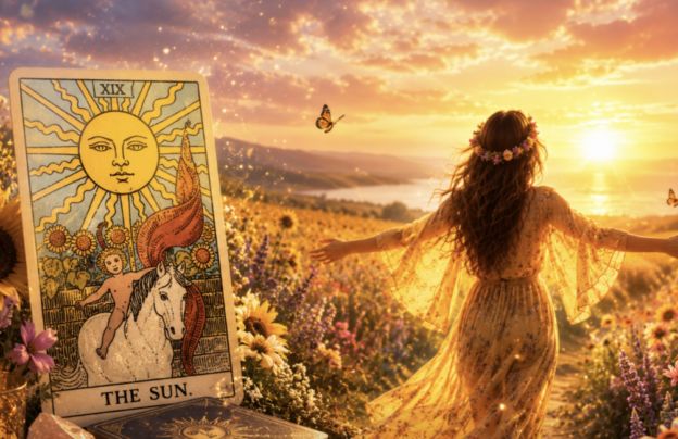 Woman in a yellow floral dress with a flower crown stands in a sunlit field at sunset, arms outstretched, beside a large 'The Sun' tarot card.