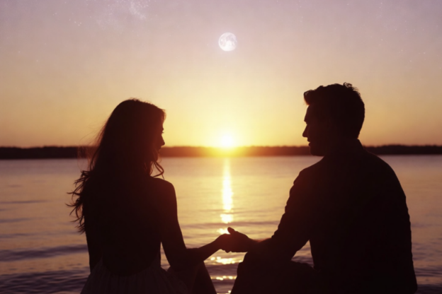 Silhouetted couple by a lake at sunset, facing each other and holding hands as the sun reflects on the water.