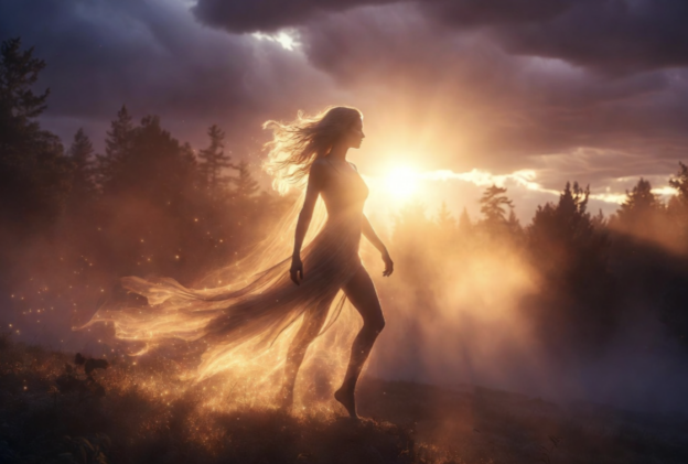 Silhouetted woman walking through a glowing, fiery cape in a misty forest at sunset.