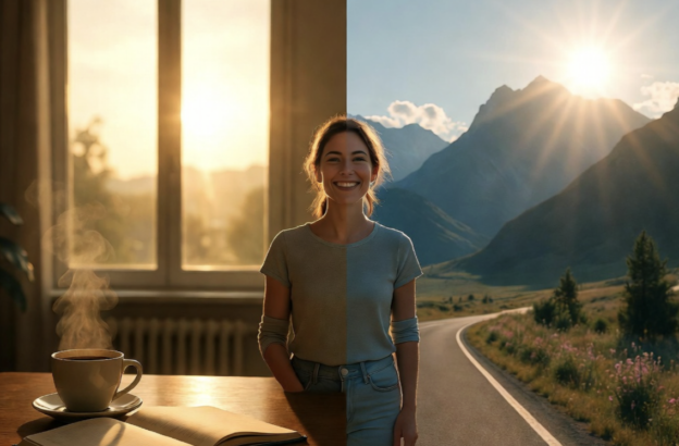 Smiling woman stands at a wooden table with a steaming cup indoors on the left and a sunlit mountain road on the right.