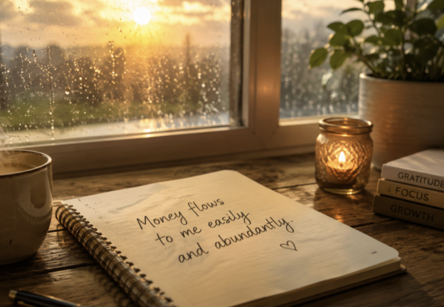 Notebook on a wooden desk by a rain-speckled window at sunset, open to a page that says 'Money flows to me easily and abundantly' with a small heart doodle, beside a mug and lit candle.