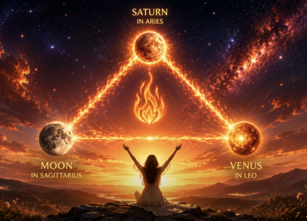 Woman seated at sunset with arms raised under a glowing triangle of planets labeled Saturn in Aries, Moon in Sagittarius, Venus in Leo.