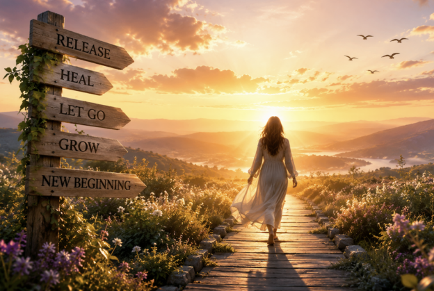 Woman in a flowing dress walks along a wooden path toward sunrise, past a signpost with Release, Heal, Let Go, Grow, New Beginning.