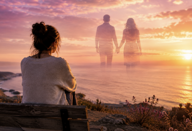 Person sits on a bench at sunset, watching ghostlike silhouettes of a couple holding hands over the sea, conveying memory or longing.