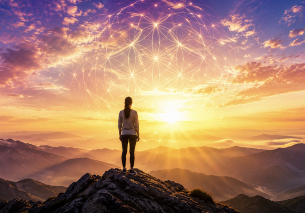 Person standing on a rocky mountain peak at sunrise with a glowing geometric spheres pattern overhead