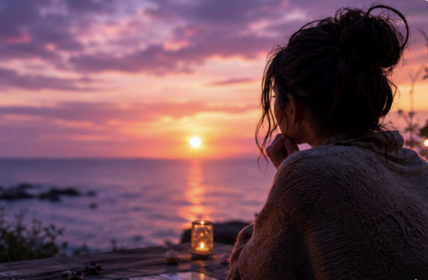 Person wrapped in a blanket sits with back to the camera, watching a sunset over the ocean, a lit lantern on a wooden table nearby