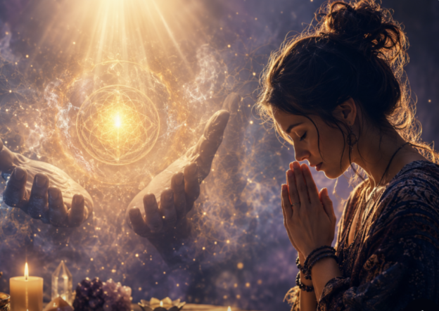 Woman prays with hands clasped near a glowing orb hovering between outstretched hands, candlelight and mystical energy in the background.