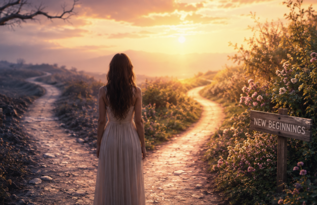 Woman in a light dress stands on a rocky path at sunset, with blooming bushes and a sign that reads New Beginnings.