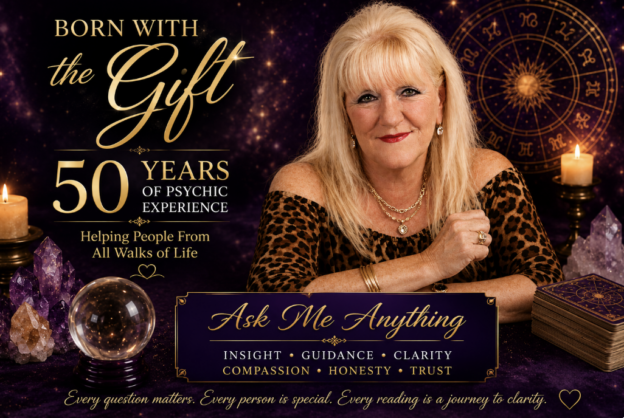 Promotional banner with a woman in leopard print, crystals and candles, advertising 'Ask Me Anything' and '50 years of psychic experience'.