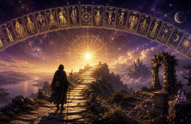 A traveler in a cloak walks along a stone path toward a glowing light, with arcane tarot cards arcing overhead in a starry purple sky.