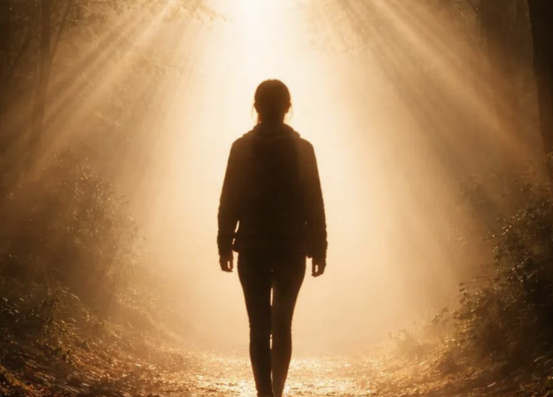 Silhouette of a person walking away down a sunlit forest path, with golden rays filtering through trees.