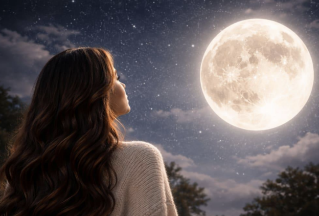 Woman with long wavy brown hair gazing at a large full moon in a starry night sky near trees.