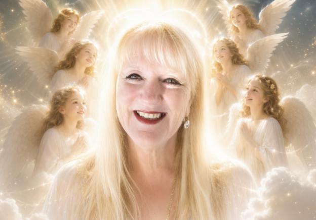 Center: smiling blonde woman with halo, surrounded by serene angels in white, floating among clouds to convey guardian angel imagery