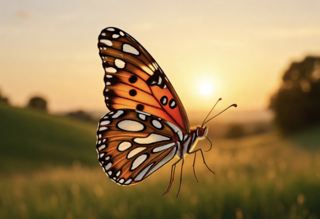 Monarch butterfly in flight at sunset over a grassy field, orange wings with black and white spots
