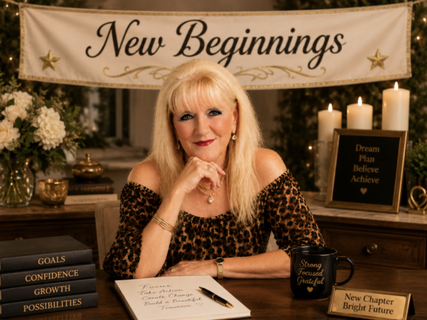 Woman at a desk under a decorative banner that reads 'New Beginnings', with gold candles and flowers nearby.