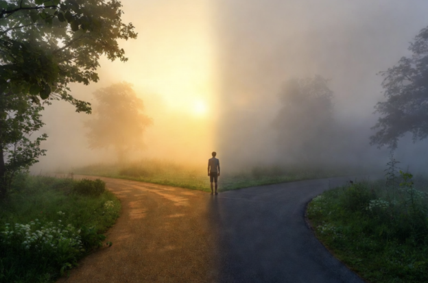 A person walks along a fork in a foggy park path, with a bright vertical beam of sunlight splitting the scene between a dirt path on the left and a paved path on the right.