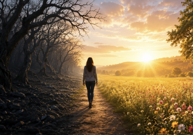 Person walking down a dirt path at sunset, with dark burnt trees on the left and a sunlit field of wildflowers on the right
