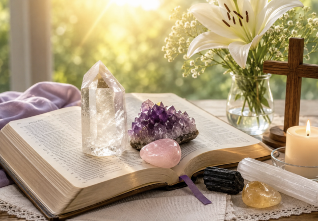 Open Bible surrounded by crystals (clear quartz, amethyst, rose quartz, selenite), a wooden cross, a lit candle, and white lilies on a lace cloth.