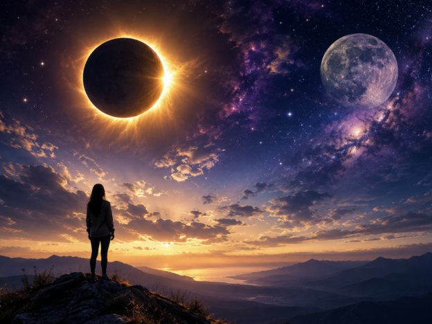 Person standing on a rocky hill at sunset, gazing at an eclipsed sun with a glowing corona and a large moon.