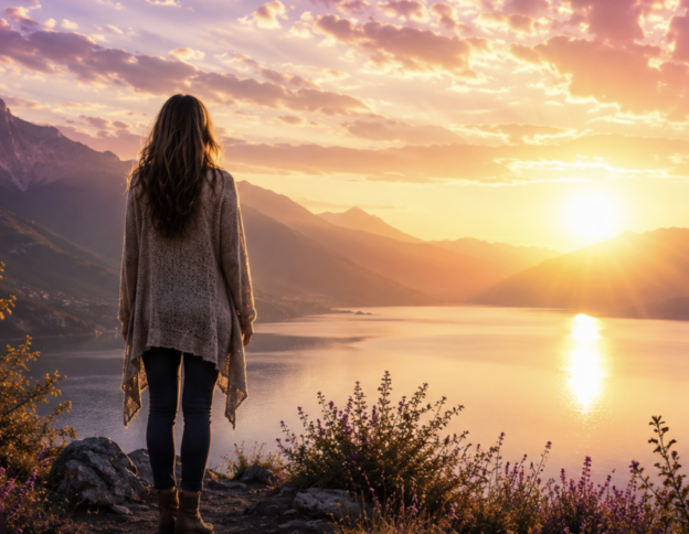 Woman stands on rocky overlook at sunset, gazing over a calm lake and mountains with a warm orange-pink sky.