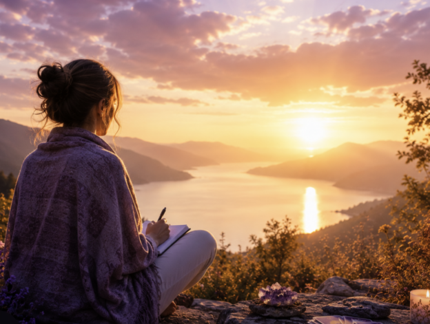 Woman sitting on a rocky overlook, wrapped in a purple shawl, writing in a notebook as a sunset paints the lake and mountains golden.