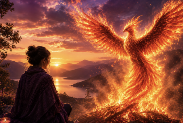 Woman with a purple shawl sits by a campfire at sunset, watching a fiery phoenix rise over a lake and mountains.