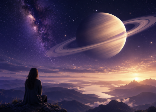 A person sits on a rocky mountaintop, gazing at a giant, ringed planet in a starry sky at sunset.