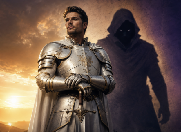 Silver armored knight with cape stands holding a sword, gazing forward as a cloaked, shadowy figure looms behind him at sunset.