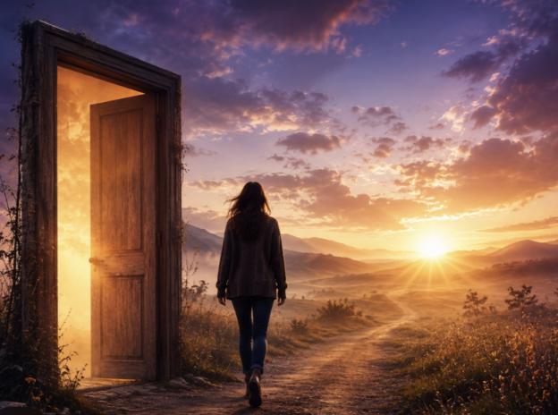 Woman walking down a dirt path toward a bright sunrise, with an old wooden door propped open to her left.