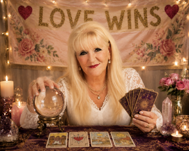Fortune teller with blonde hair showing tarot cards, crystal ball on ornate stand, candles and pink flowers; 'LOVE WINS' banner lit in the background.