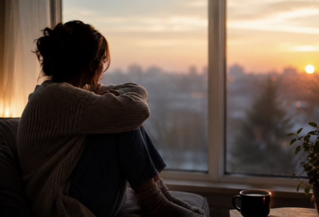 A person sits on a couch by a large window, facing a sunset with a warm glow in the room, knees drawn up and wearing a thick sweater.