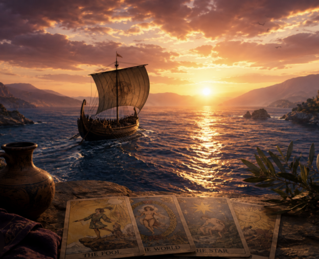 Romantic sunset over sea with an ancient sailing ship near rocky shore; tarot cards lay in foreground beside a clay vase and plant leaves.